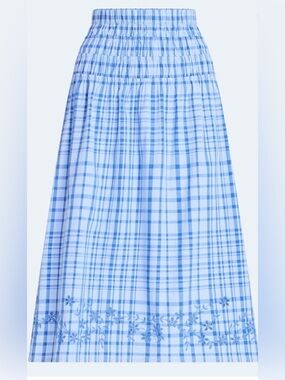 New Free Assembly Smocked Waist Maxi Skirt Blue Plaid Embroidered Floral NWT
